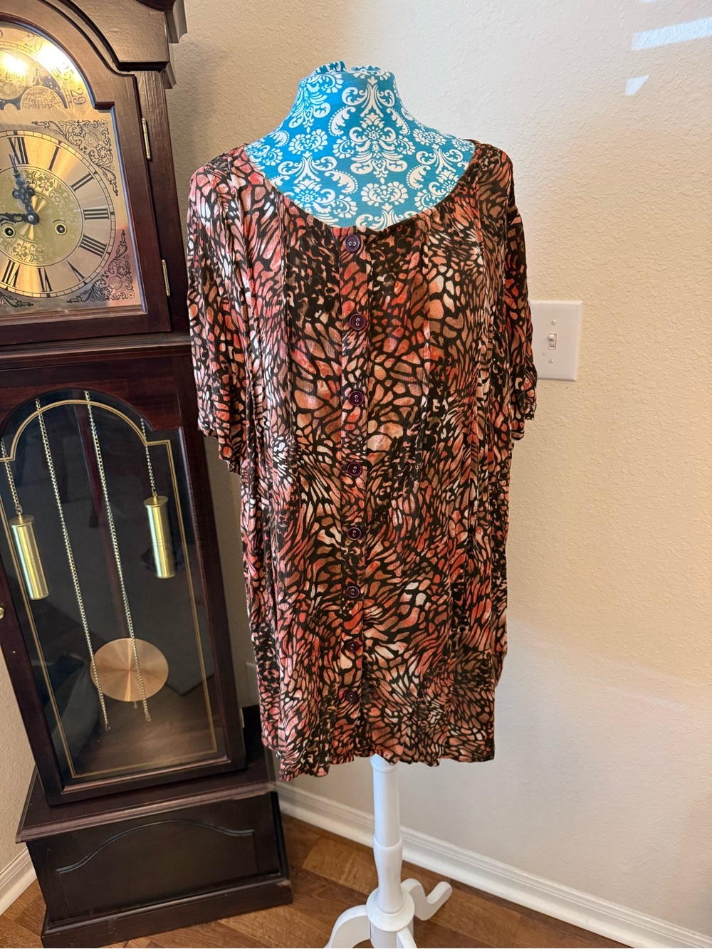 Roaman's Brown and Coral Button-Front Print Tunic